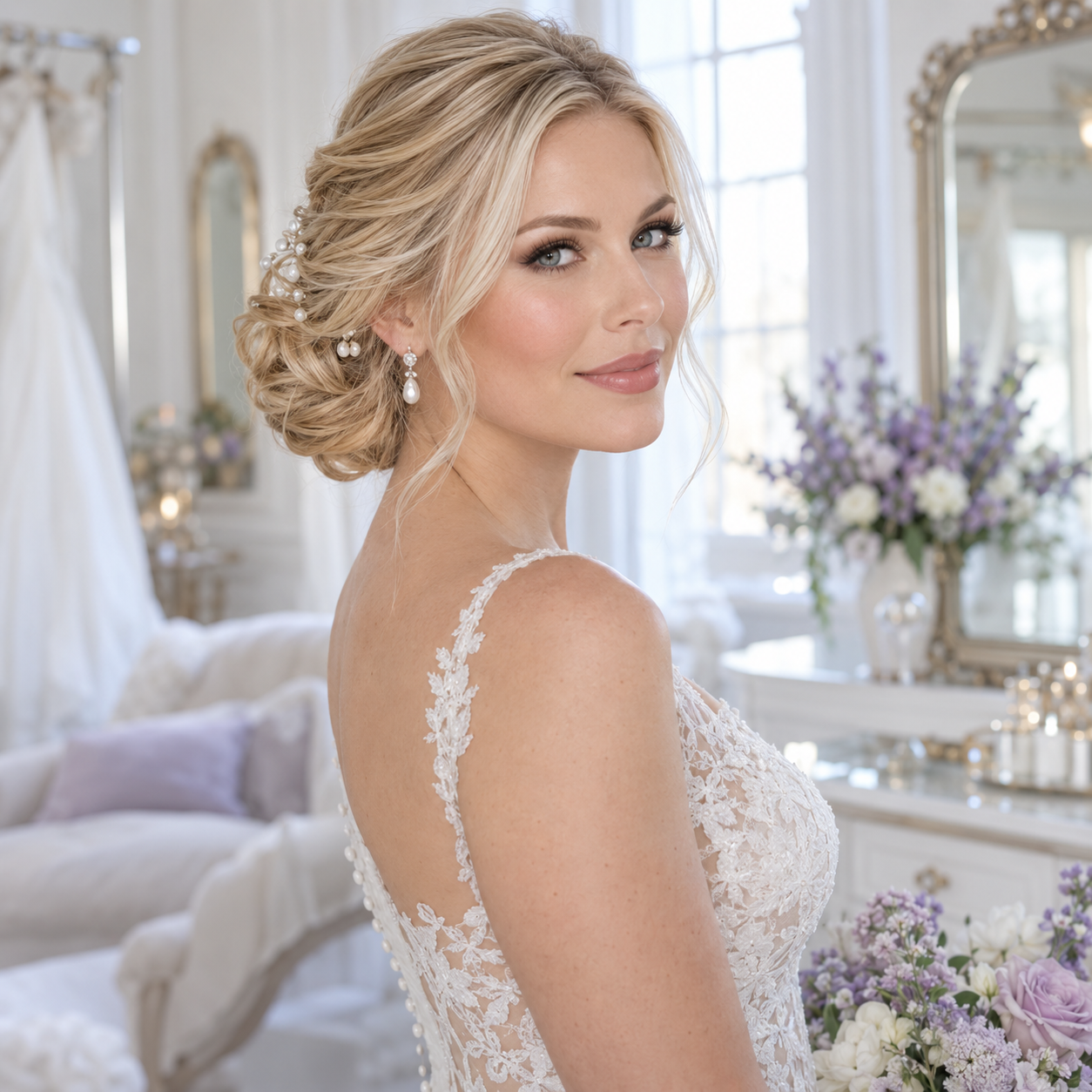 White bride wearing a blonde textured chignon with delicate pearl accessories