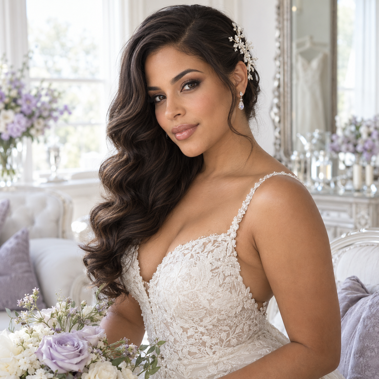 Puerto Rican bride wearing long side-swept Hollywood waves with a jeweled bridal comb