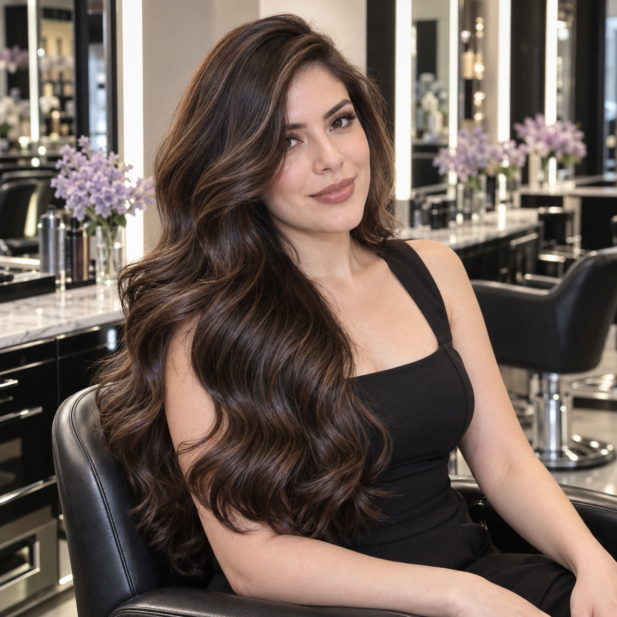 Fair-skinned Mexican woman wearing long glossy chestnut body waves